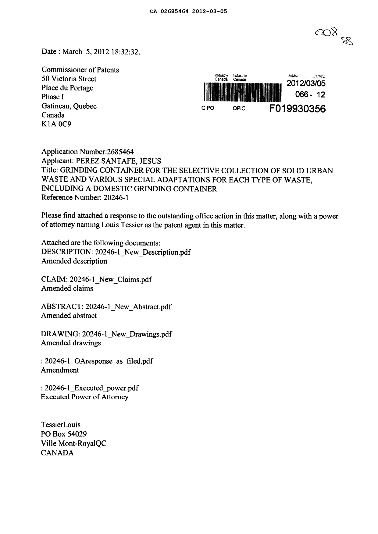 Document de brevet canadien 2685464. Poursuite-Amendment 20120305. Image 1 de 67