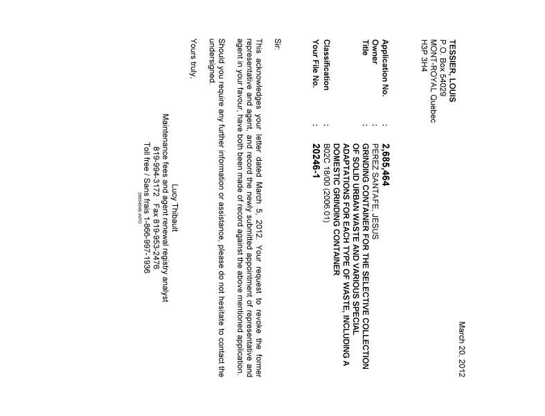 Document de brevet canadien 2685464. Correspondance 20120320. Image 1 de 1