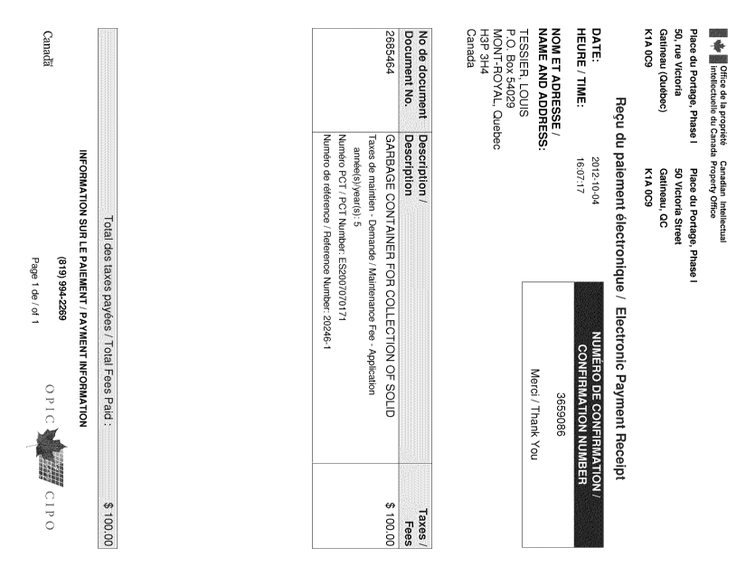 Document de brevet canadien 2685464. Taxes 20121004. Image 1 de 1