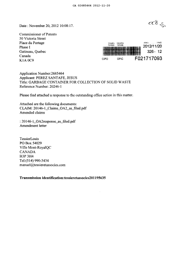Canadian Patent Document 2685464. Prosecution-Amendment 20121120. Image 1 of 10