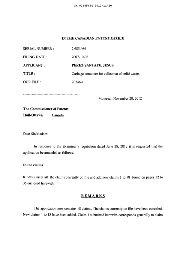 Document de brevet canadien 2685464. Poursuite-Amendment 20121120. Image 2 de 10