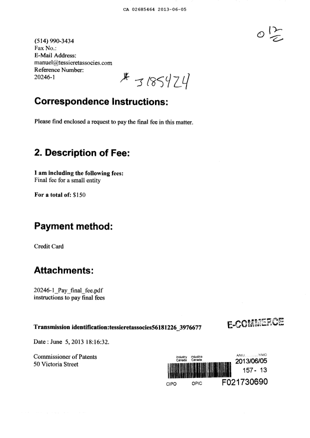 Canadian Patent Document 2685464. Correspondence 20130605. Image 1 of 3