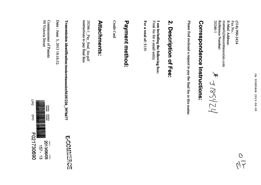 Document de brevet canadien 2685464. Correspondance 20130605. Image 1 de 3
