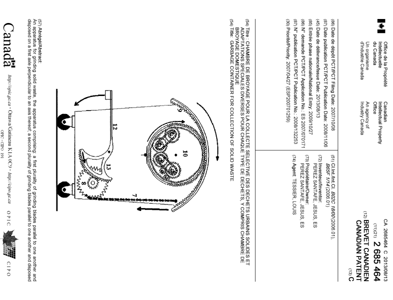 Document de brevet canadien 2685464. Page couverture 20130722. Image 1 de 2
