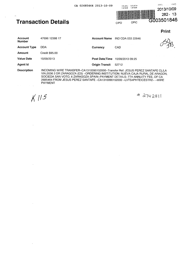 Document de brevet canadien 2685464. Taxes 20131009. Image 1 de 2