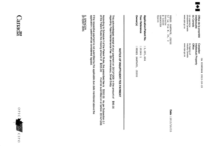 Document de brevet canadien 2685464. Taxes 20131015. Image 1 de 2