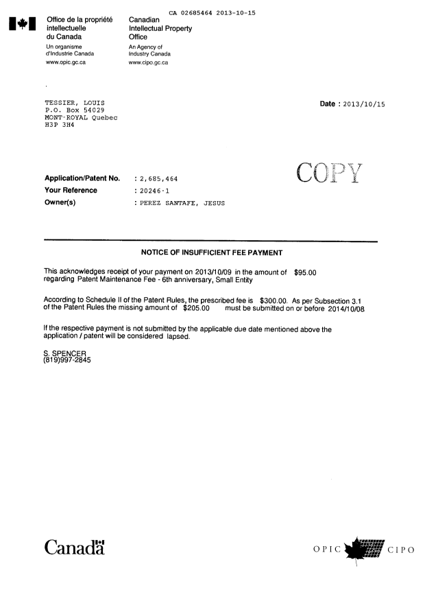 Document de brevet canadien 2685464. Taxes 20131015. Image 2 de 2