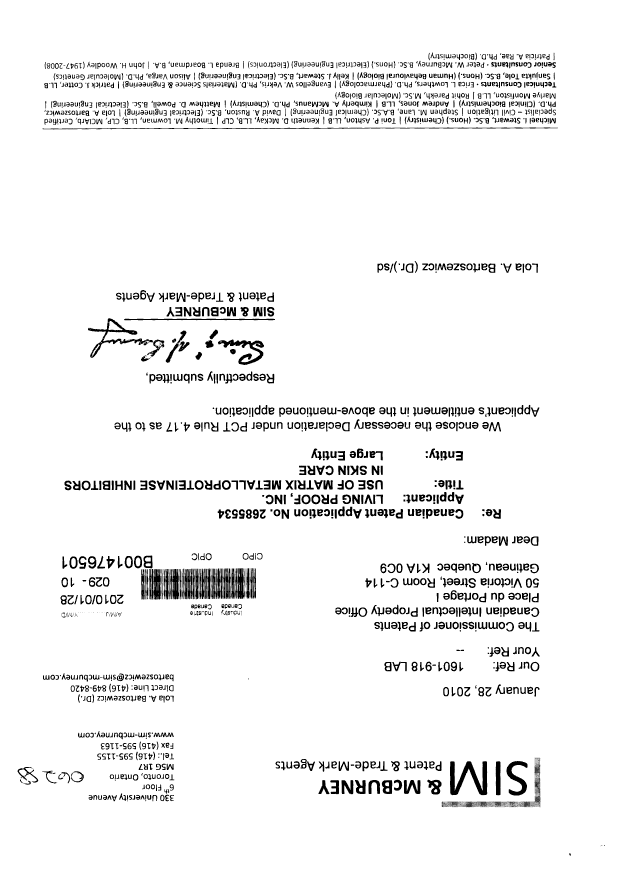 Canadian Patent Document 2685534. Correspondence 20100128. Image 1 of 3