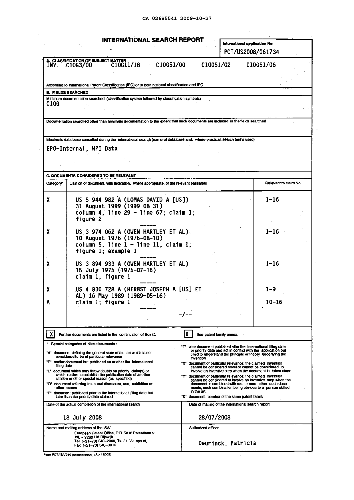 Document de brevet canadien 2685541. PCT 20091027. Image 1 de 3