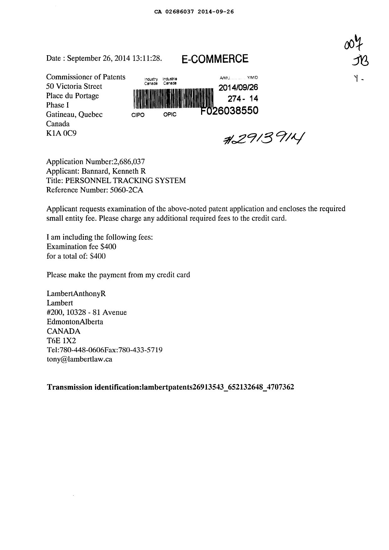 Canadian Patent Document 2686037. Prosecution-Amendment 20140926. Image 1 of 1