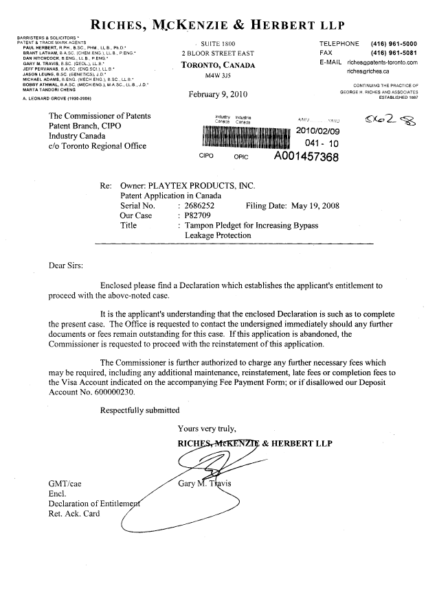 Document de brevet canadien 2686252. Correspondance 20100209. Image 1 de 2