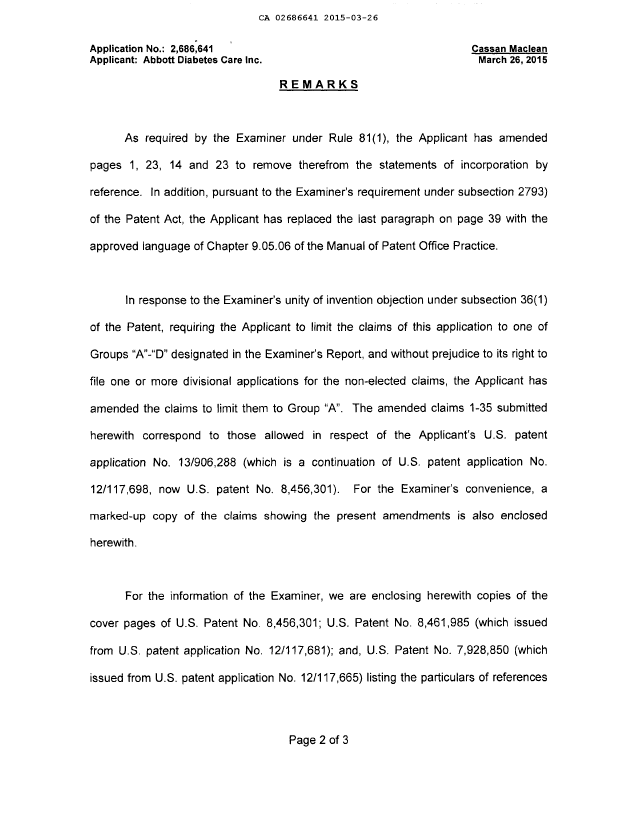 Document de brevet canadien 2686641. Correspondance de la poursuite 20150326. Image 2 de 19