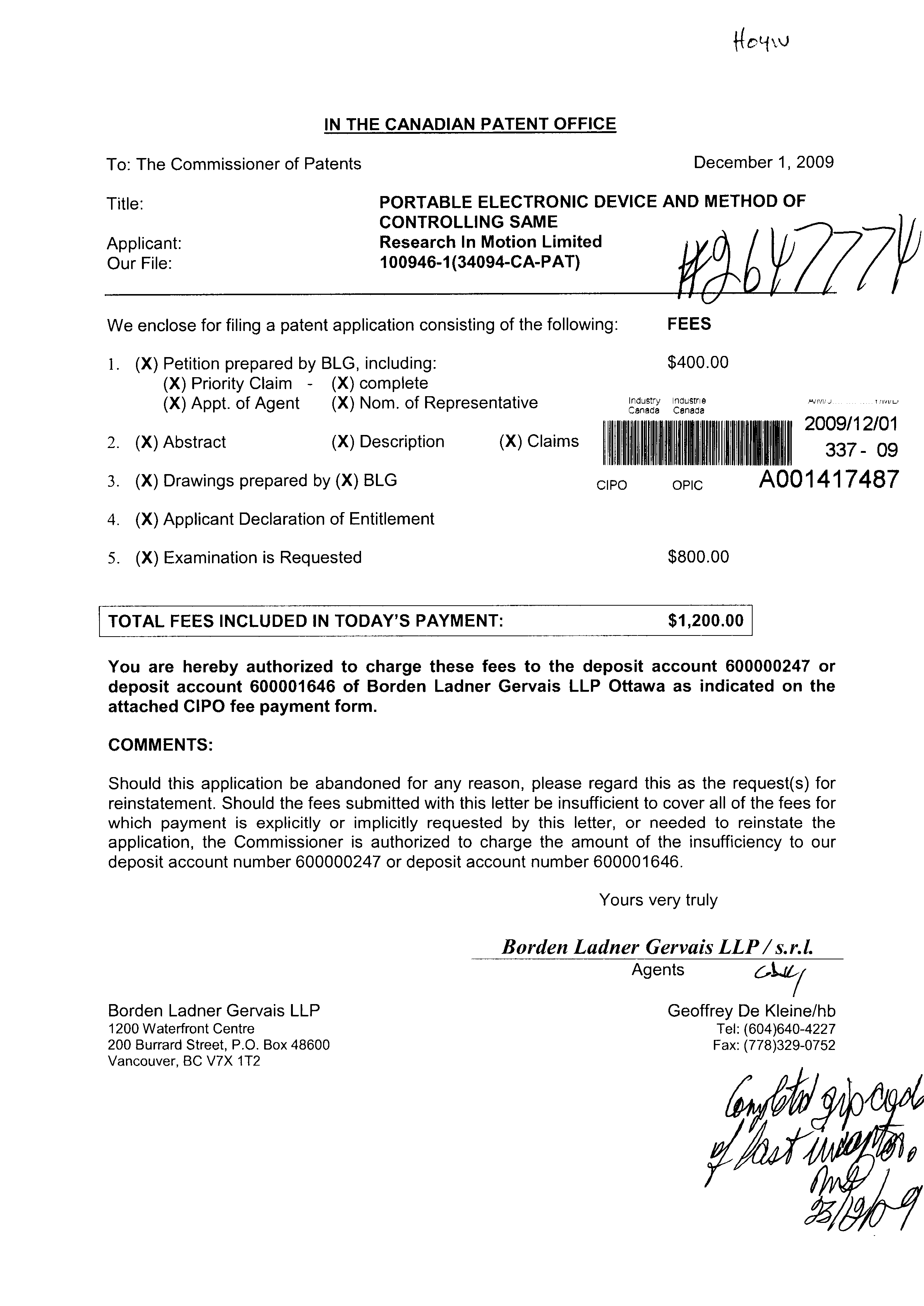 Canadian Patent Document 2686769. Assignment 20091201. Image 1 of 4