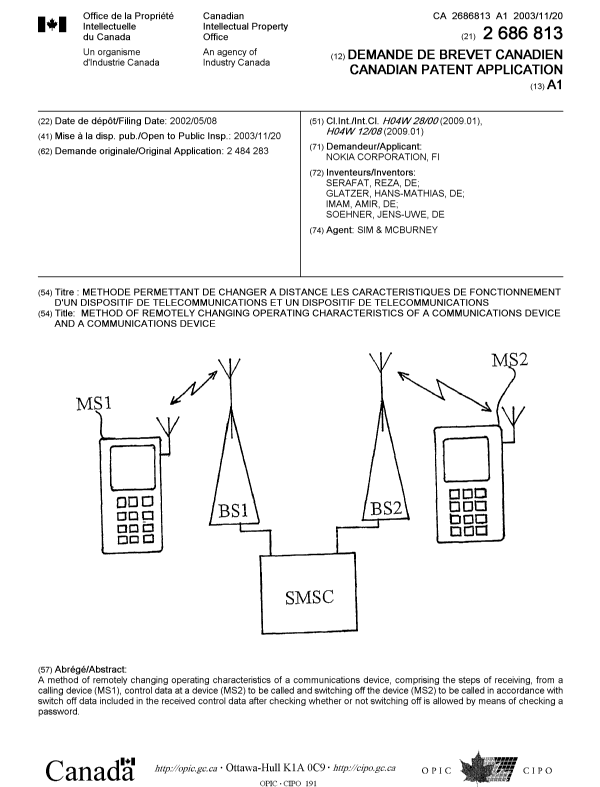 Canadian Patent Document 2686813. Cover Page 20100217. Image 1 of 1