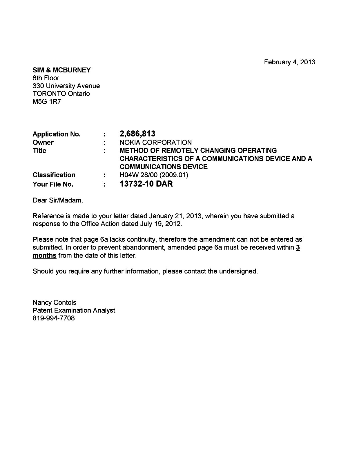 Document de brevet canadien 2686813. Correspondance 20130204. Image 1 de 1