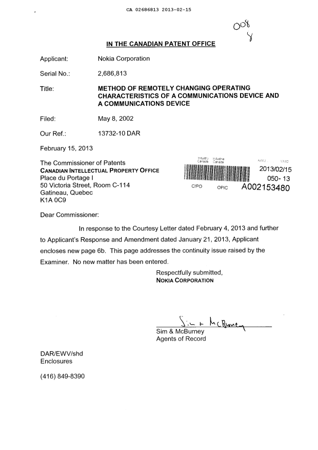 Canadian Patent Document 2686813. Prosecution-Amendment 20130215. Image 1 of 2