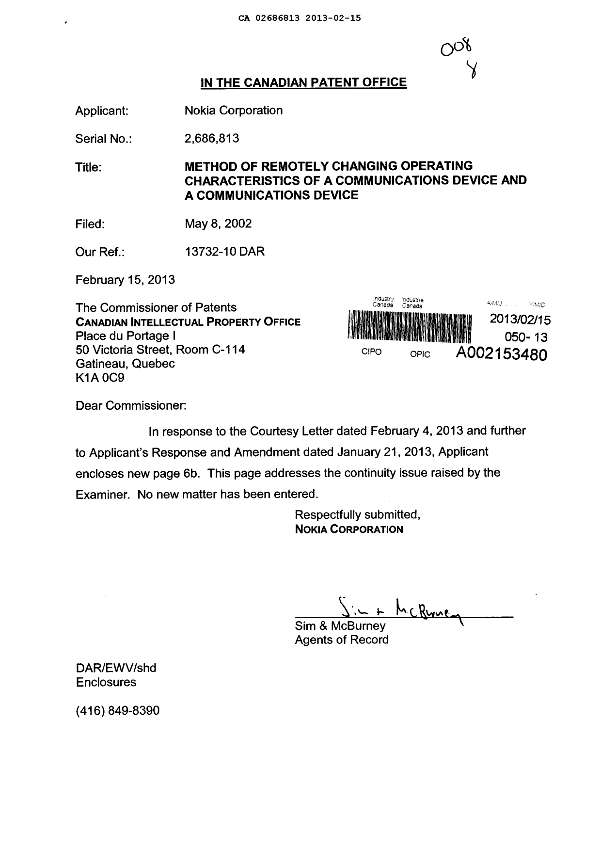 Document de brevet canadien 2686813. Poursuite-Amendment 20130215. Image 1 de 2
