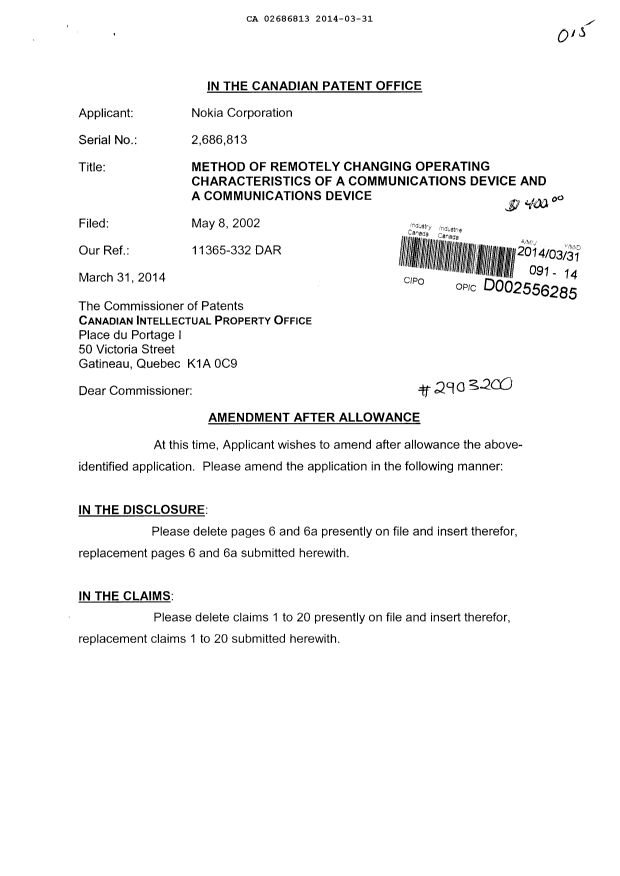Canadian Patent Document 2686813. Prosecution-Amendment 20140331. Image 1 of 8