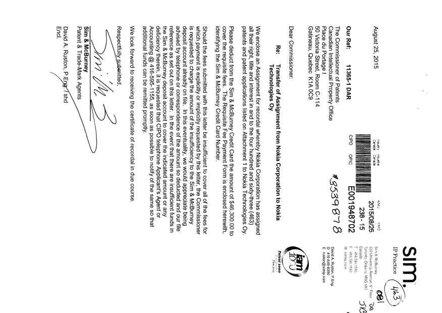 Document de brevet canadien 2686813. Cession 20150825. Image 1 de 12
