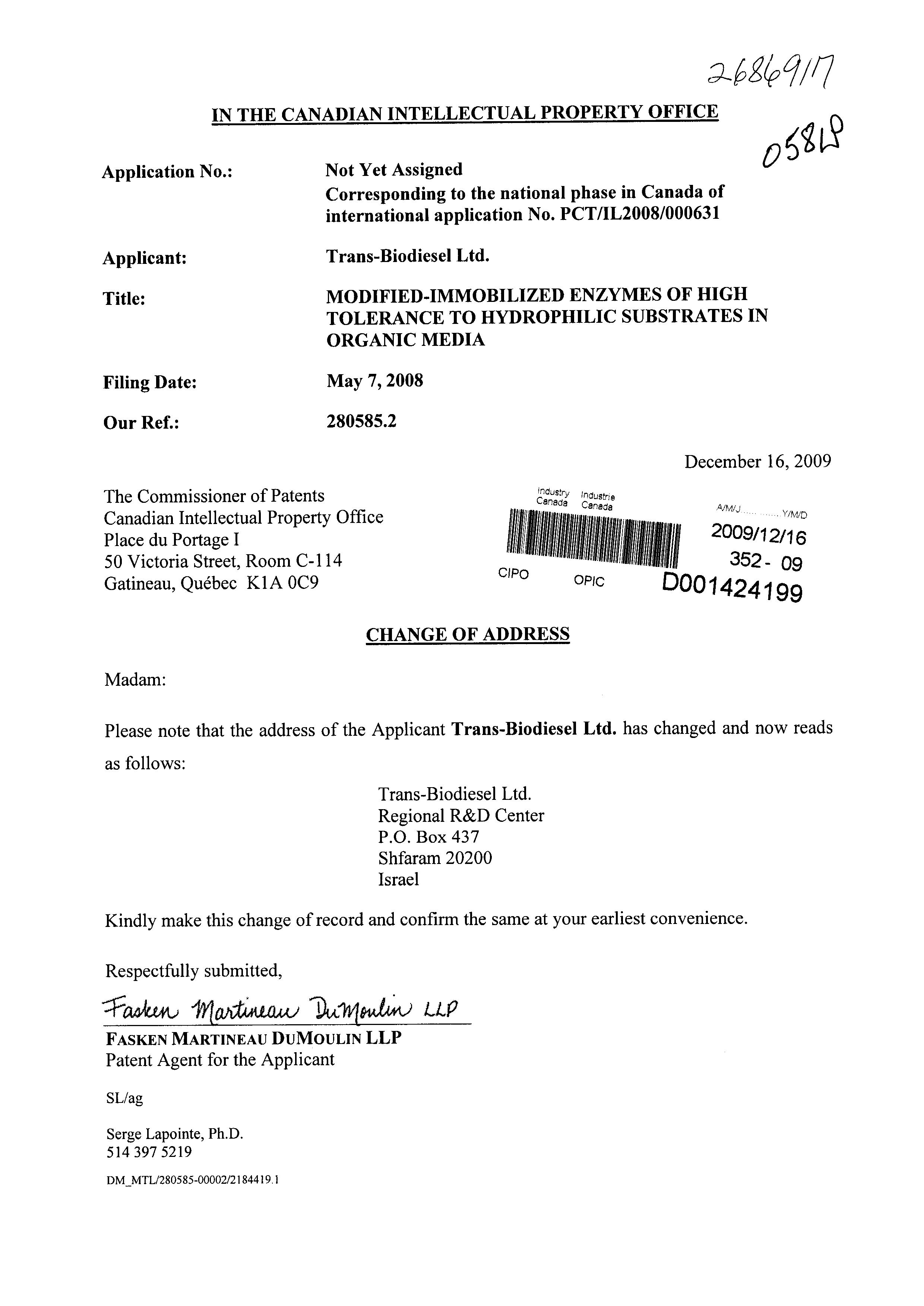 Document de brevet canadien 2686917. Correspondance 20081216. Image 1 de 1