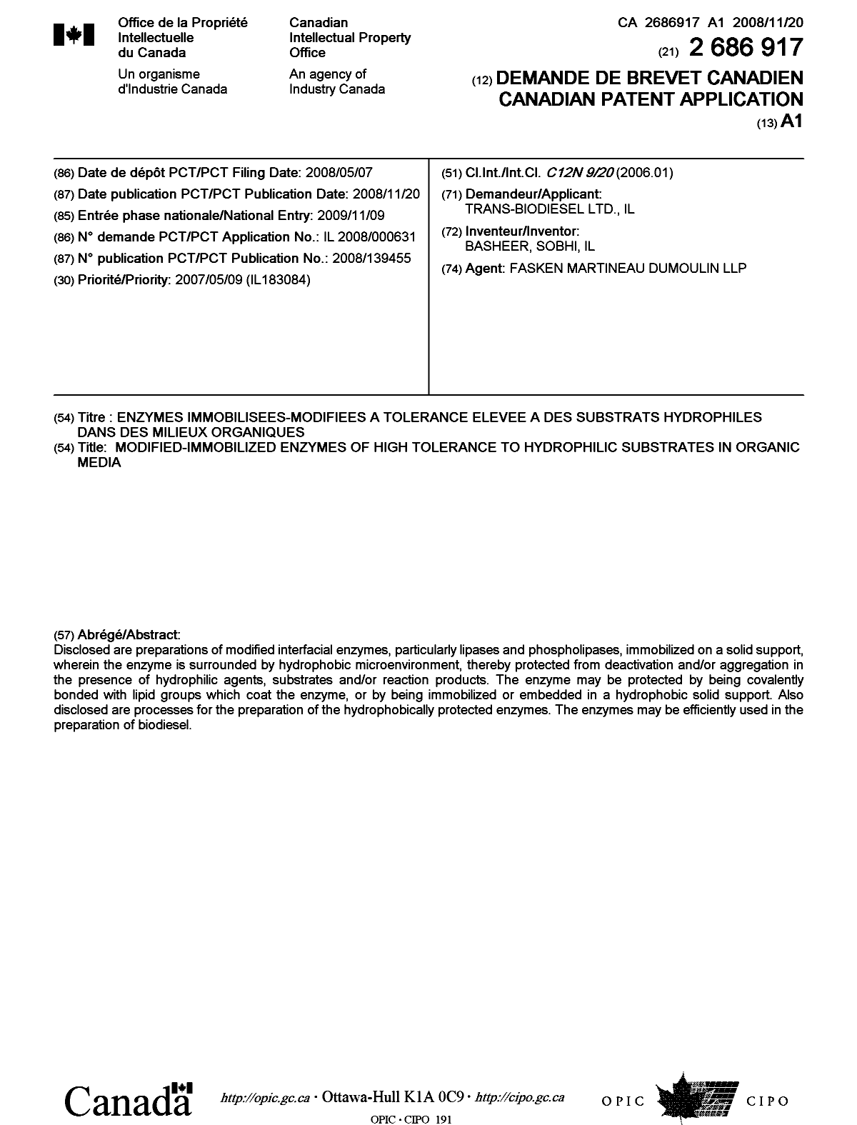 Document de brevet canadien 2686917. Page couverture 20100112. Image 1 de 1