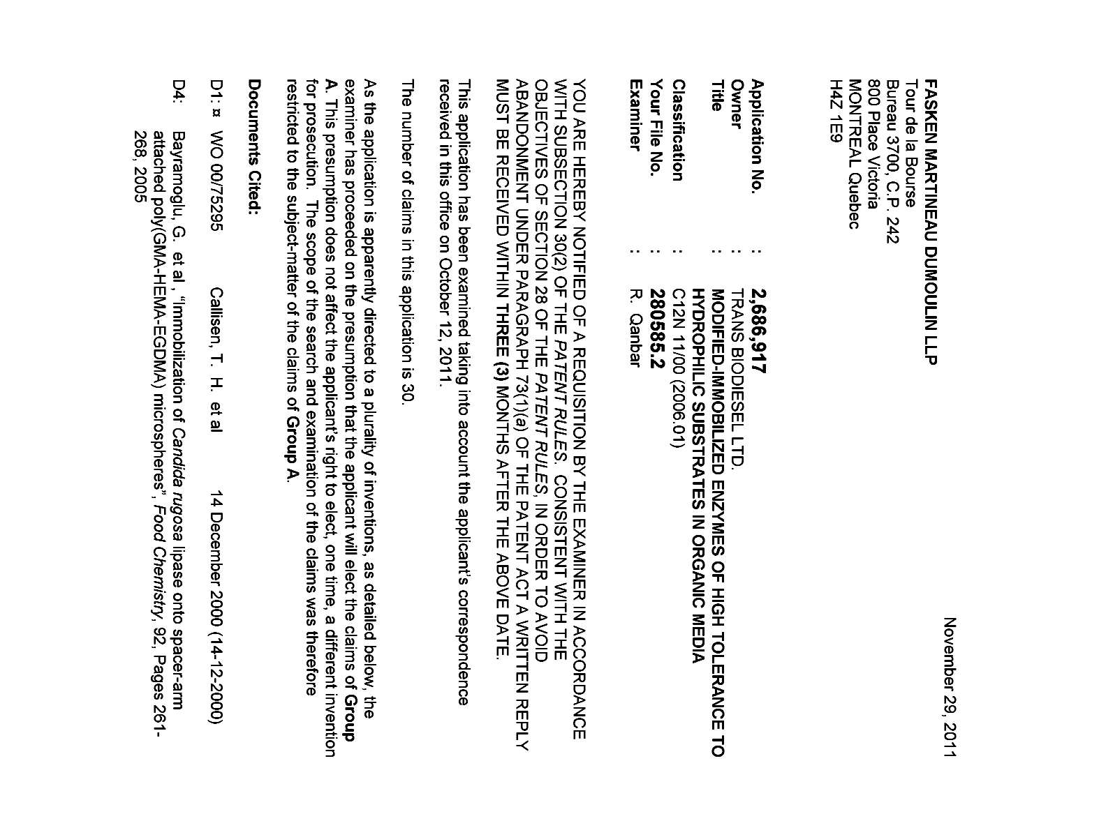 Canadian Patent Document 2686917. Prosecution-Amendment 20101229. Image 1 of 4