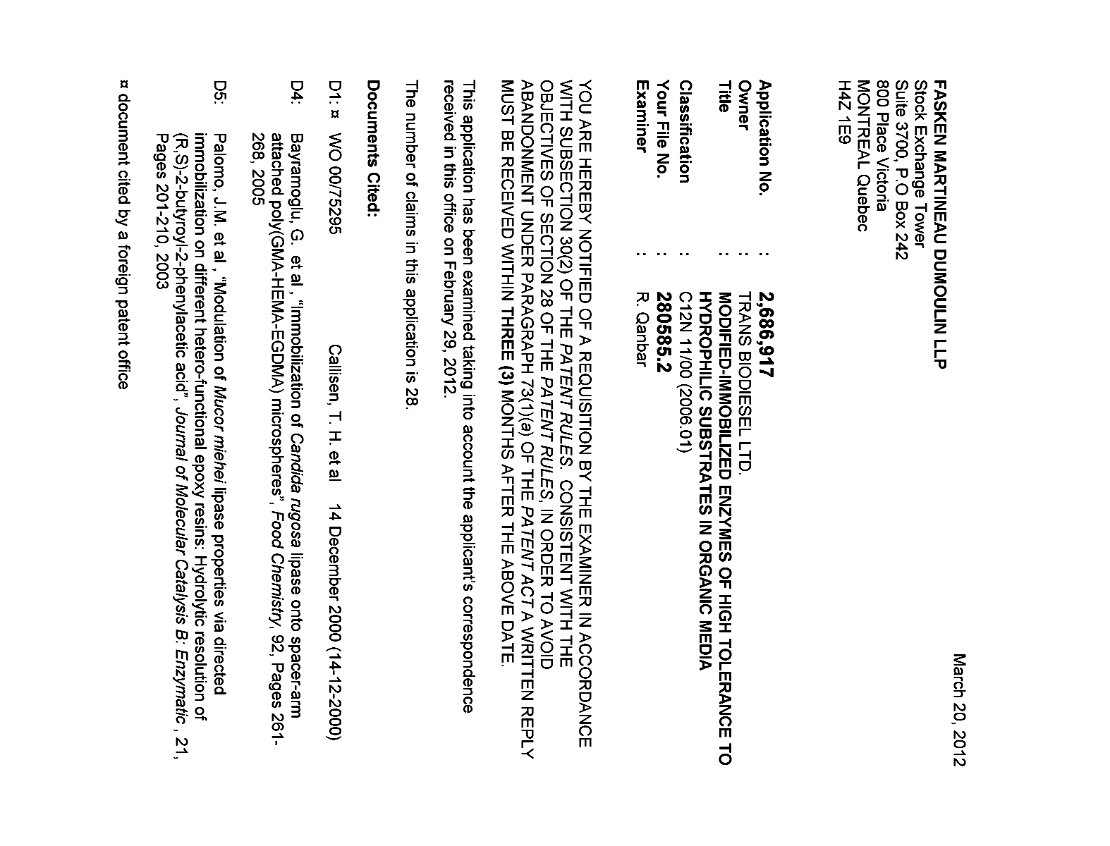 Canadian Patent Document 2686917. Prosecution-Amendment 20120320. Image 1 of 6