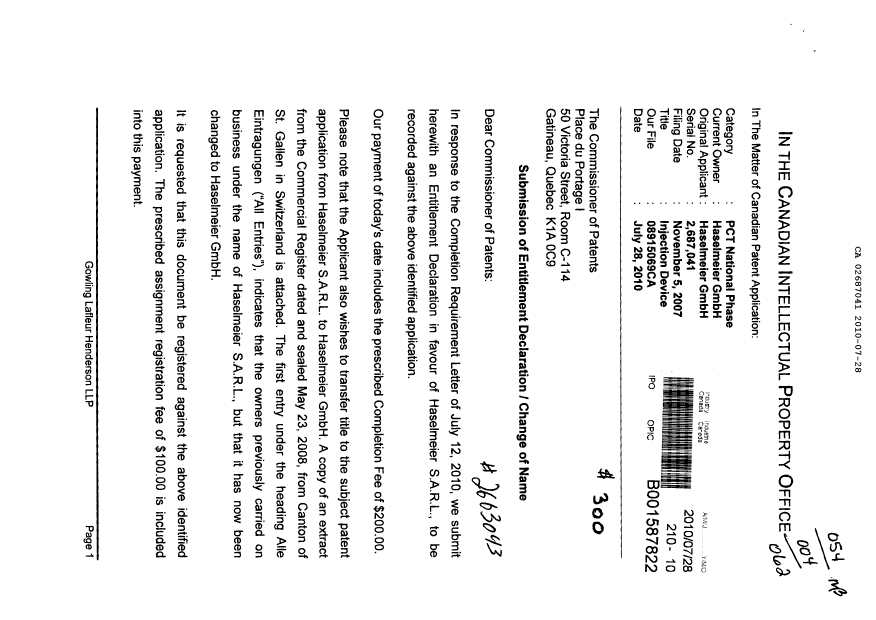 Document de brevet canadien 2687041. Cession 20100728. Image 1 de 4