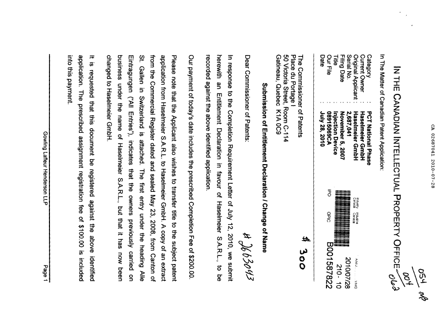 Document de brevet canadien 2687041. Correspondance 20100728. Image 1 de 4