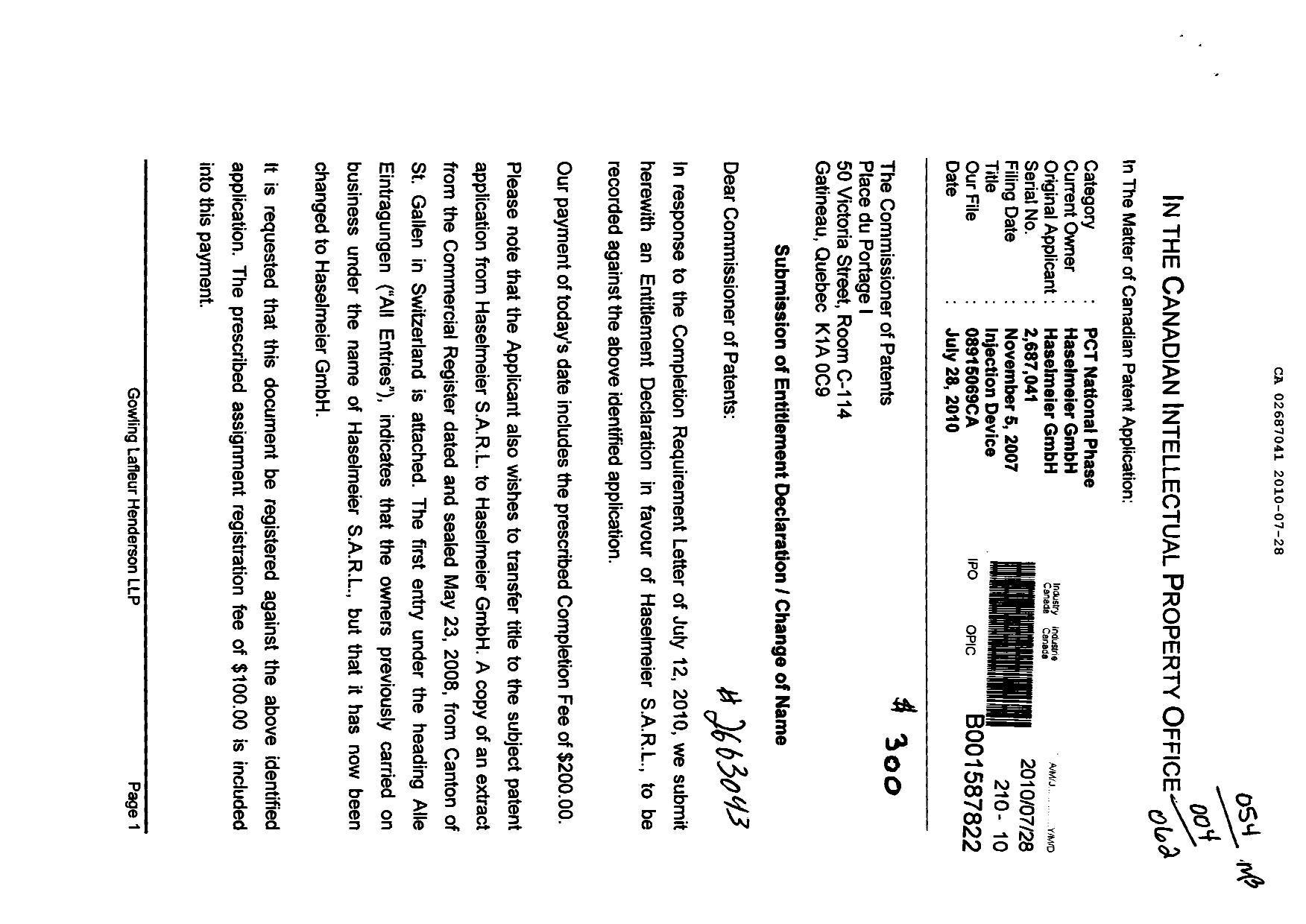 Canadian Patent Document 2687041. Correspondence 20100728. Image 1 of 4