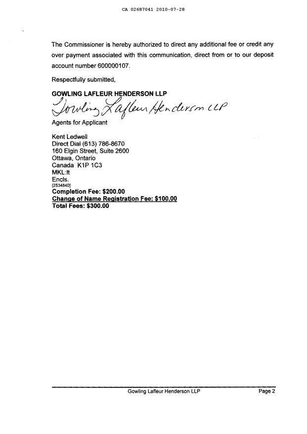 Document de brevet canadien 2687041. Cession 20100728. Image 2 de 4