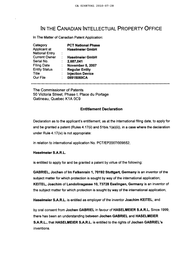 Canadian Patent Document 2687041. Correspondence 20100728. Image 3 of 4