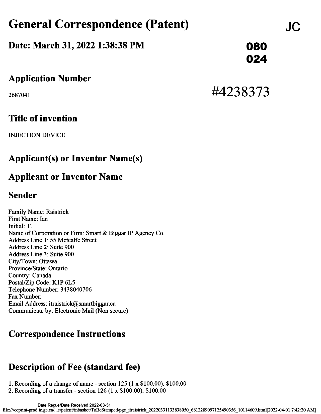 Document de brevet canadien 2687041. Changement de nomination d'agent 20220331. Image 1 de 6