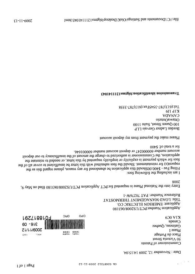Document de brevet canadien 2687212. Cession 20091112. Image 1 de 3
