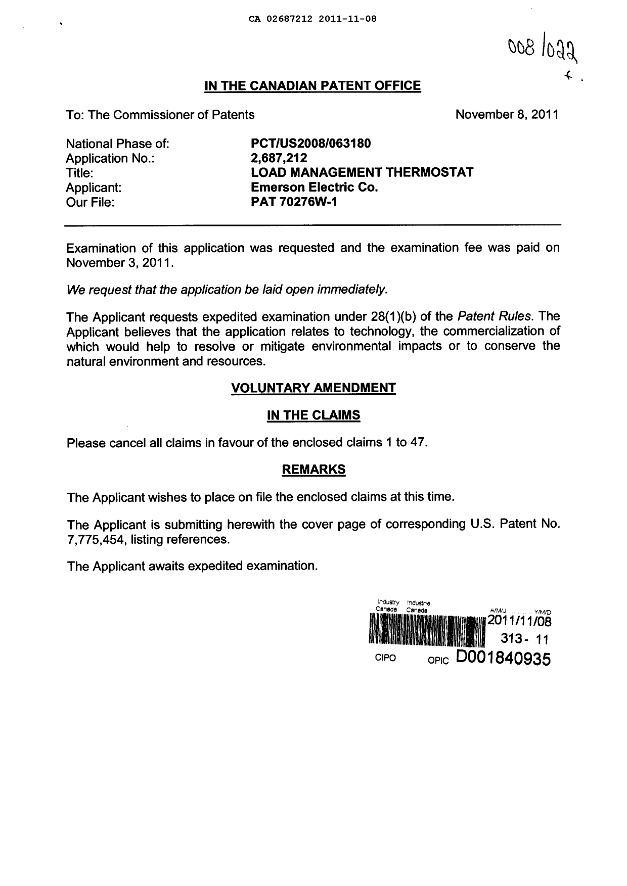 Canadian Patent Document 2687212. Correspondence 20111108. Image 1 of 2