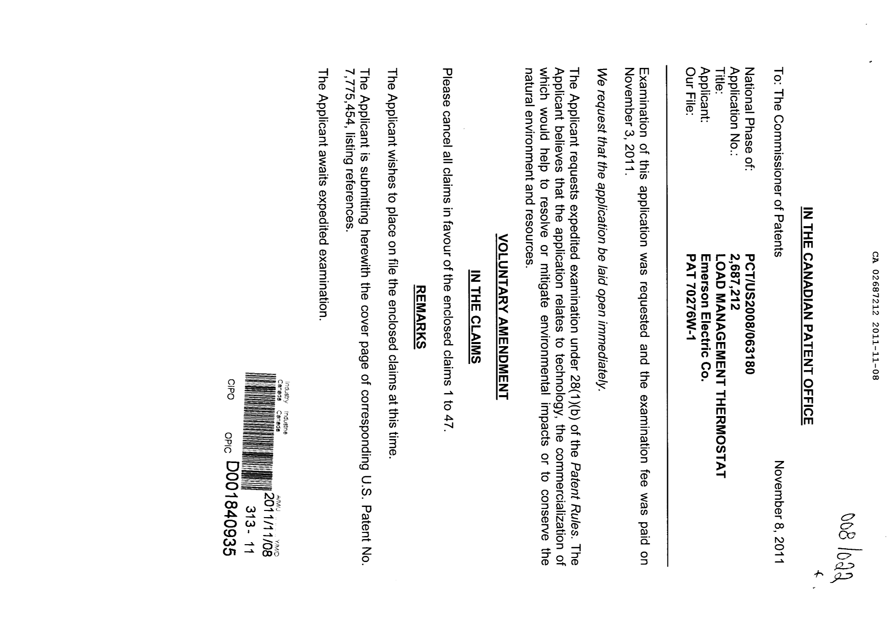 Document de brevet canadien 2687212. Correspondance 20111108. Image 1 de 2