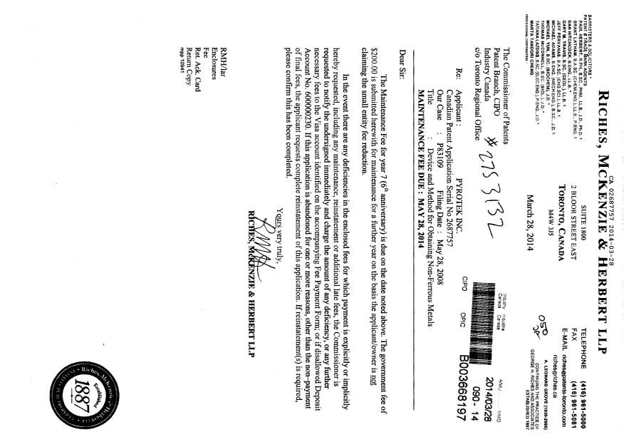 Document de brevet canadien 2687757. Taxes 20140328. Image 1 de 1