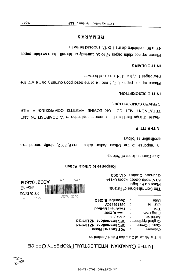 Canadian Patent Document 2687890. Prosecution-Amendment 20121206. Image 1 of 17