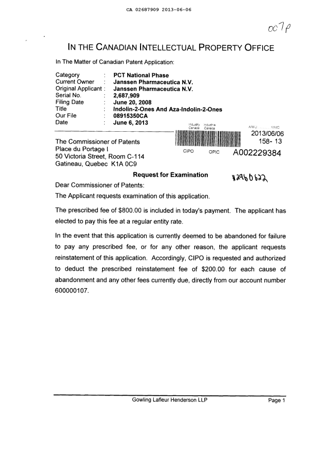 Canadian Patent Document 2687909. Prosecution-Amendment 20130606. Image 1 of 2