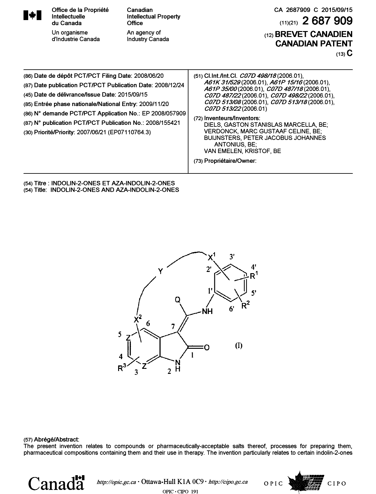 Canadian Patent Document 2687909. Cover Page 20150818. Image 1 of 2