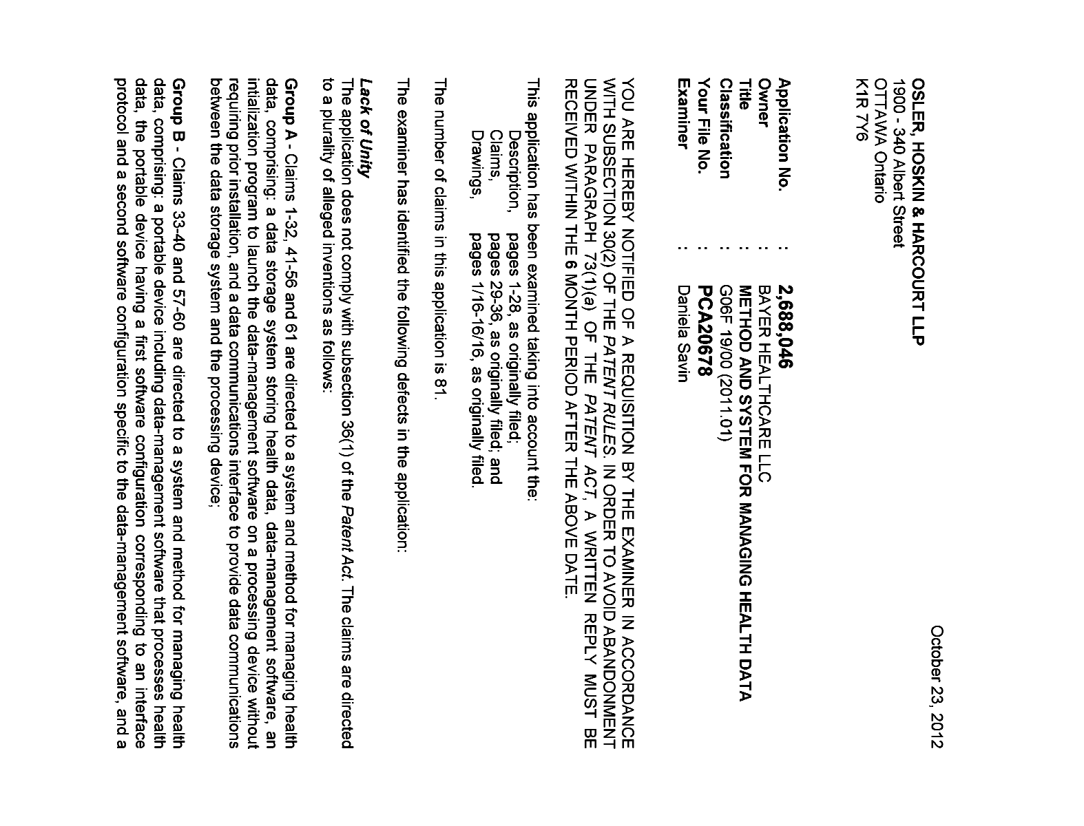 Canadian Patent Document 2688046. Prosecution-Amendment 20121023. Image 1 of 2