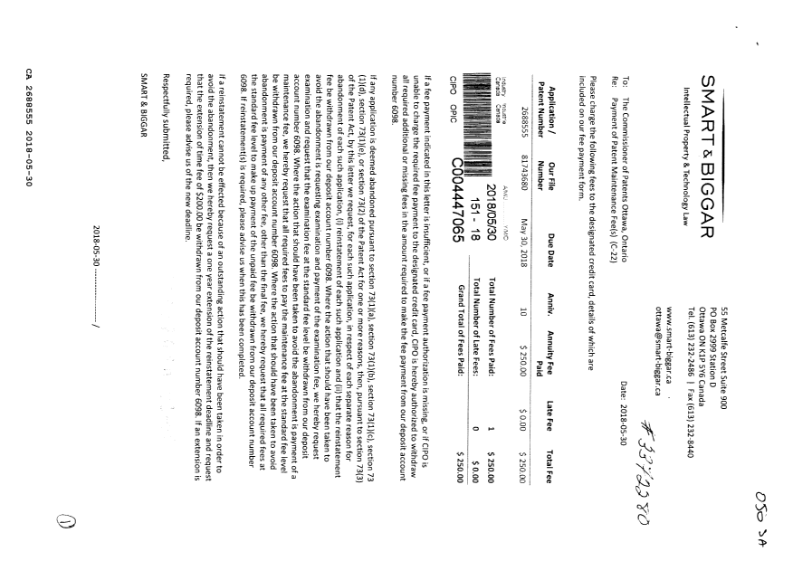 Document de brevet canadien 2688555. Paiement de taxe périodique 20180530. Image 1 de 1