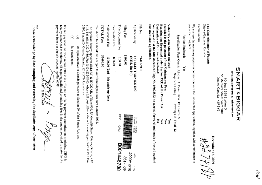 Document de brevet canadien 2688848. Cession 20091216. Image 1 de 2