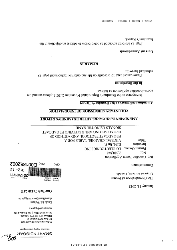 Canadian Patent Document 2688848. Prosecution-Amendment 20120111. Image 1 of 5