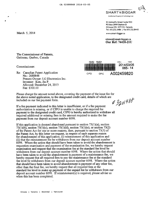 Document de brevet canadien 2688848. Correspondance 20140305. Image 1 de 2