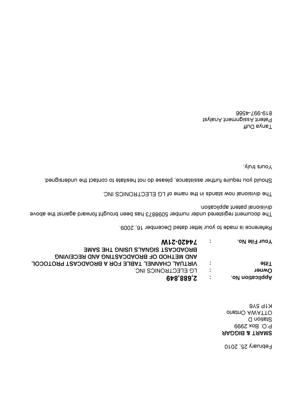 Canadian Patent Document 2688849. Correspondence 20100225. Image 1 of 1
