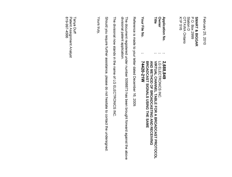 Document de brevet canadien 2688849. Correspondance 20100225. Image 1 de 1