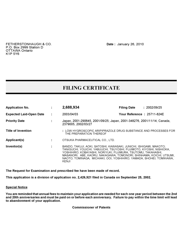 Document de brevet canadien 2688934. Correspondance 20100121. Image 1 de 1