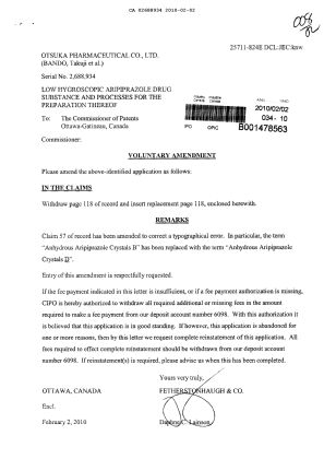 Canadian Patent Document 2688934. Prosecution-Amendment 20100202. Image 1 of 2