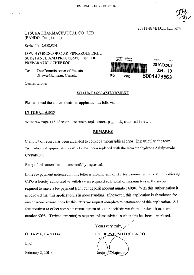 Document de brevet canadien 2688934. Poursuite-Amendment 20100202. Image 1 de 2